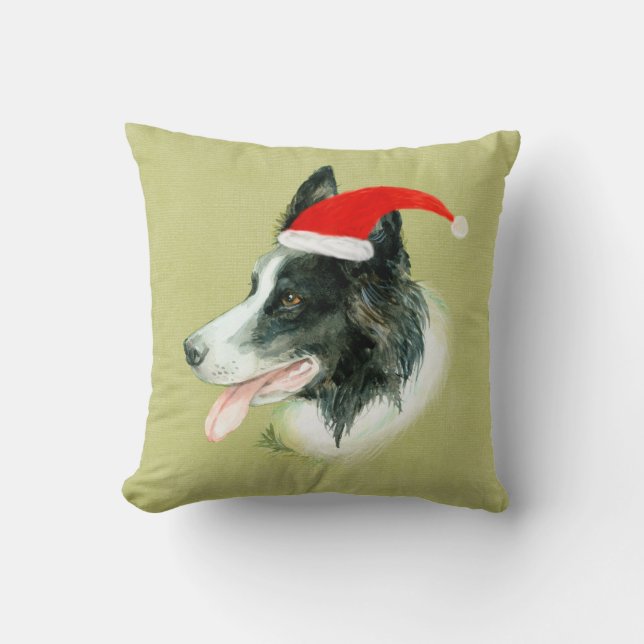 Almofada Borda Cachorro Collie com Papai Noel de Natal (Frente)