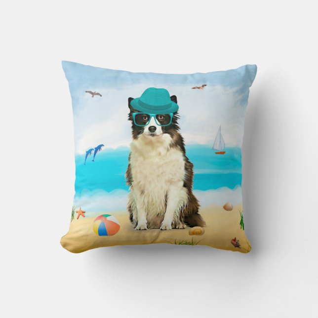 Almofada Borda Collie Dog na praia (Frente)