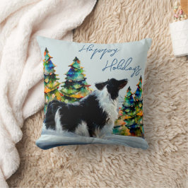 Almofada Borda Collie na Árvore de Natal da Neve de inverno