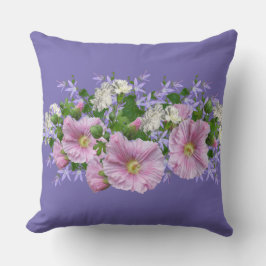 Almofada Borda Floral Hollyhocks no Fundo Periwinkle