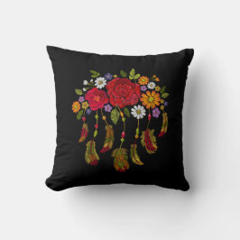 Almofada Bordado Boho Feather Red Yellow Floral Black