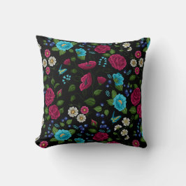 Almofada Bordado Estilo Folclórico Rosa Azul Floral Preto