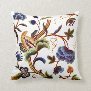 Almofada Bordado Faux - Bordado Azul Jacobean Crewel