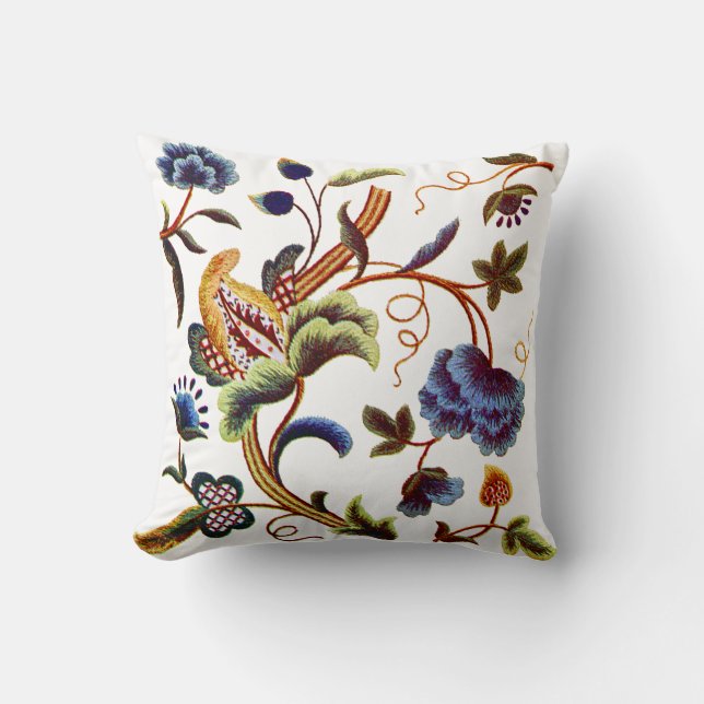 Almofada Bordado Faux - Bordado Crewel Jacobean Azul (Frente)