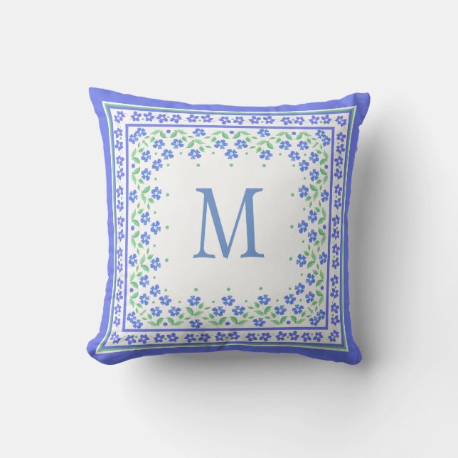 Almofada Bordado Floral Chic Monograma Azul Periwinkles (Frente)