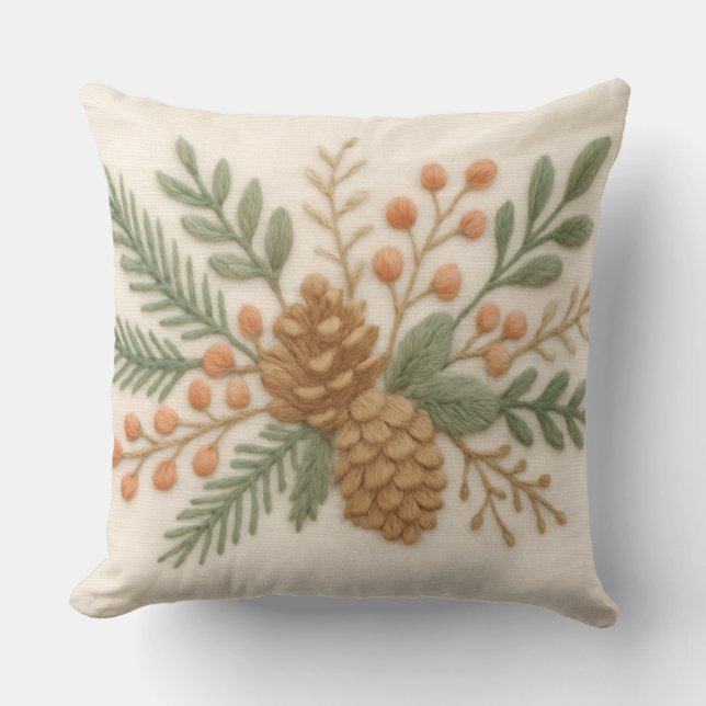 Almofada Bordados Natal Floral Sprig Pinecone Cream (Frente)