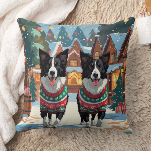 Almofada Border Collie Dogs Christmas Snow Holiday (Cobertor)