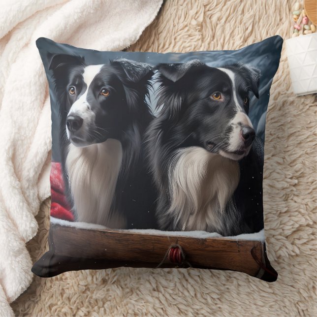 Almofada Border Collie Snowy Sleigh Decoração de Natal (Cobertor)