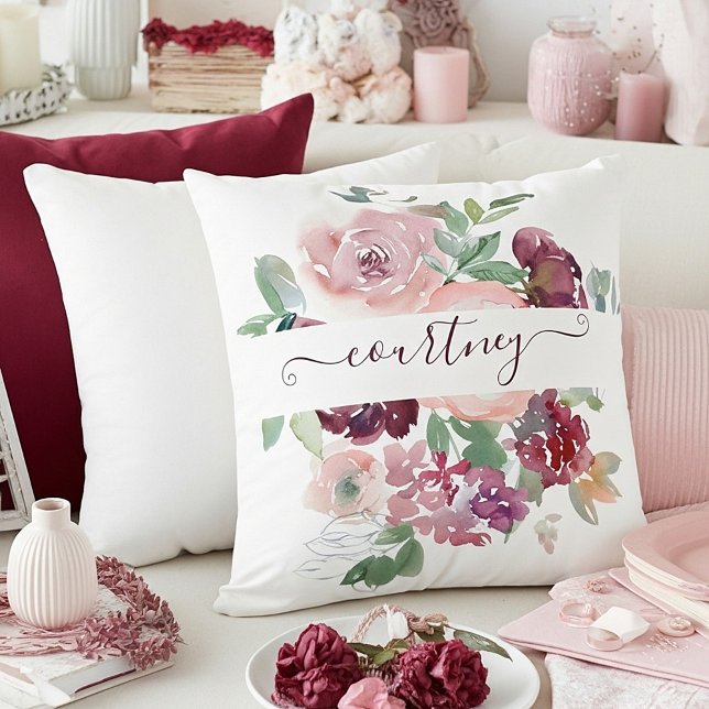 Almofada Borgonha e cor-de-água rosa floral personalizado (Criador carregado)
