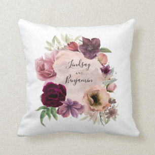 Almofada Borgonha e Dusty Rosa Vintage Floral Watercolor