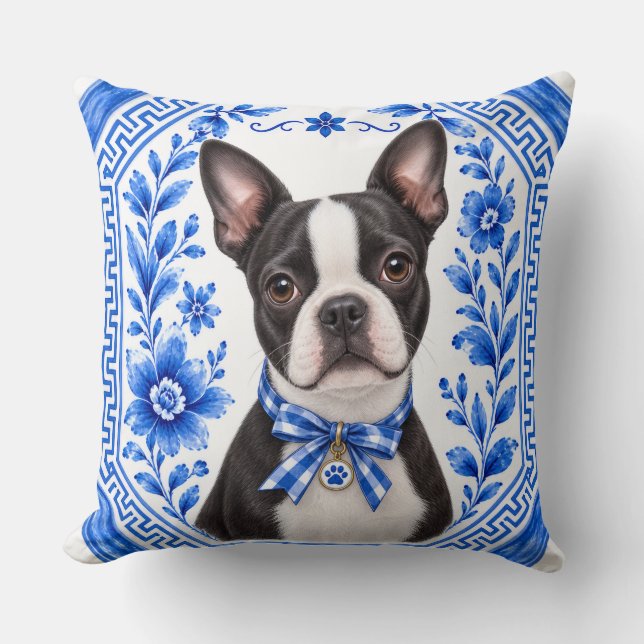 Almofada Boston Terrier Azul Chinoiserie Cobertor Floral (Frente)