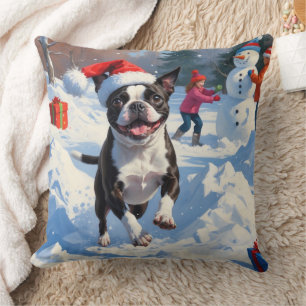 Almofada Boston Terrier Cena de Natal Festivo na Neve