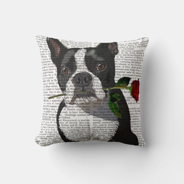 Almofada Boston Terrier com Rosa em Boca (Frente)