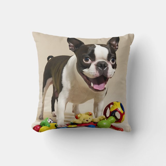 Almofada Boston Terrier Dog Brincando com Brinquedos (Frente)