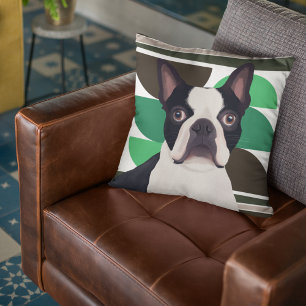 Almofada Boston Terrier Dog - Geométrico Verde Escuro
