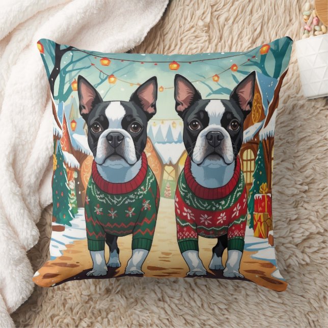 Almofada Boston Terrier Dogs Christmas Snow Holiday (Cobertor)