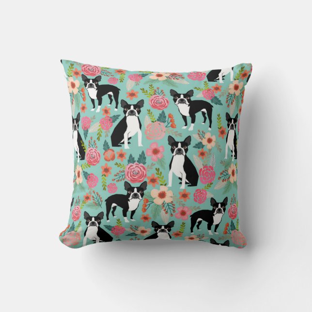 Almofada Boston Terrier Girly Vintage Flowers Impressão - f (Frente)