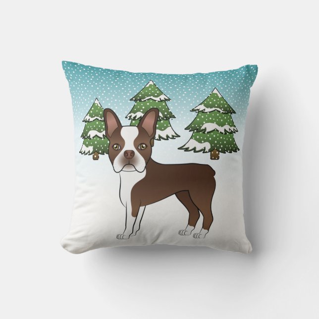 Almofada Boston Terrier Marrom Chocolate Em Uma Floresta De (Frente)