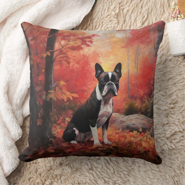 Almofada Boston Terrier nas Folhas de Outono Caindo Inspira (Cobertor)