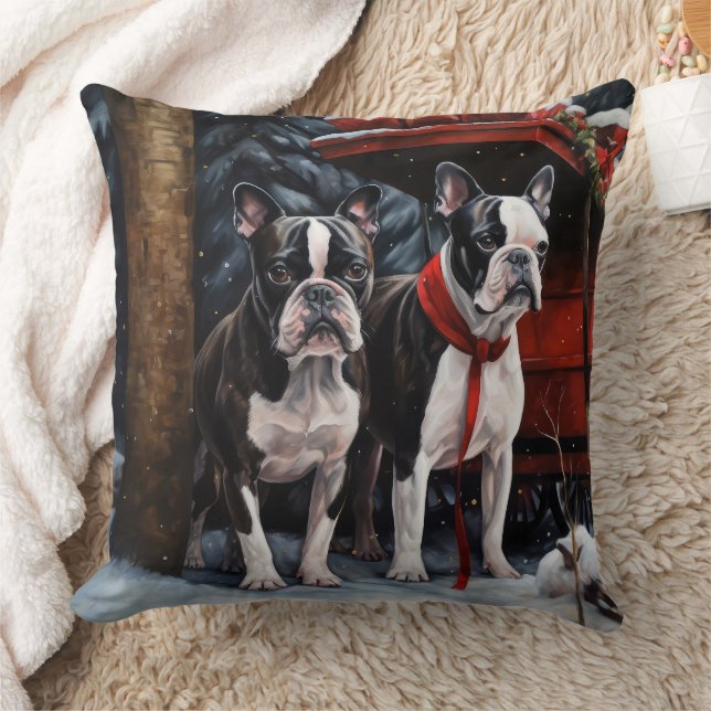 Almofada Boston Terrier Nevado Trenó Natal Decoração de Nat (Cobertor)