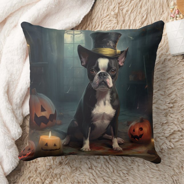 Almofada Boston Terrier Pumpkins Halloween Assustado (Cobertor)