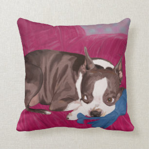 Almofada Boston Terrier que descansa no sofá vermelho -
