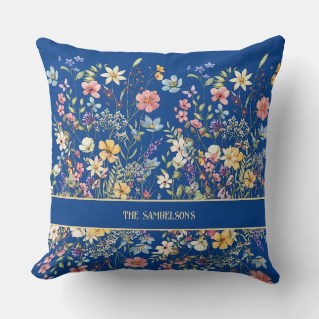 Almofada Botânica Floral Personalizada Cobalto Azul (Frente)