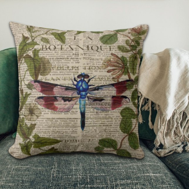 Almofada botânica francesa deixa libélula antiga moderna (french botanical leaves modern vintage dragonfly throw pillow)