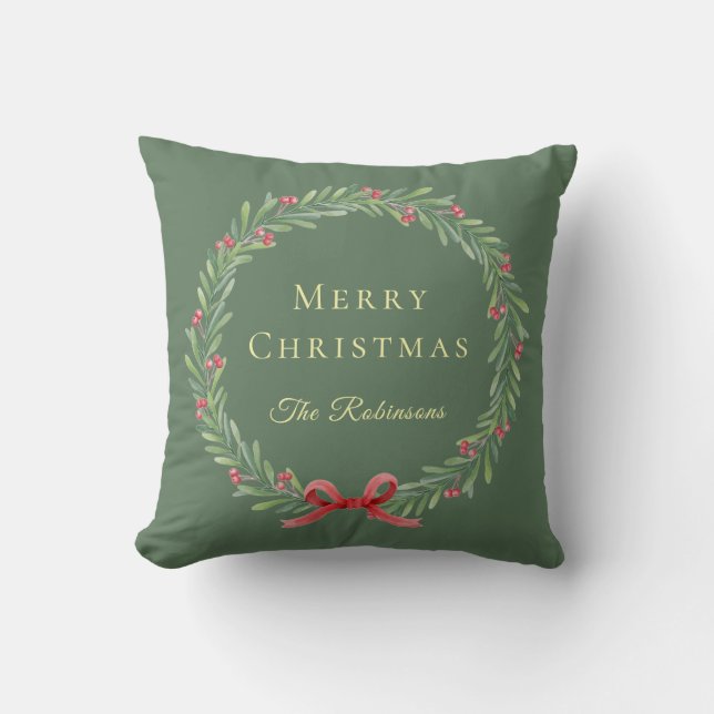 Almofada Botanical Christmas Wreath Modern Script (Frente)