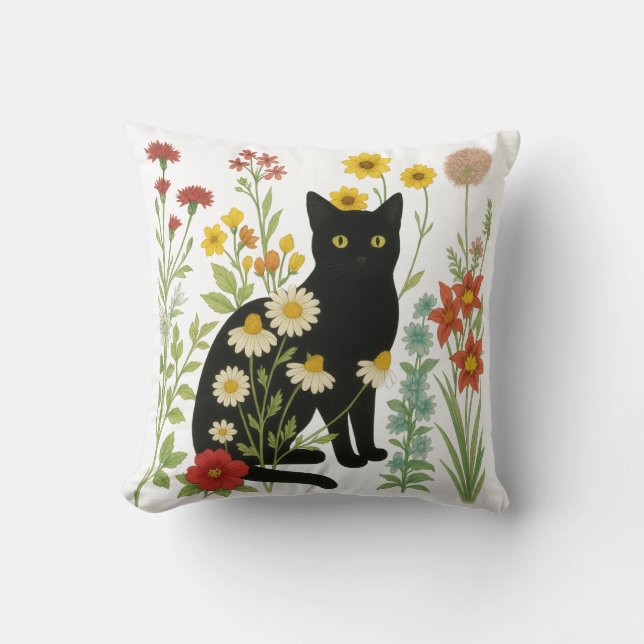 Almofada Botanical Nature – Black Cat in Wildflower Garden (Frente)