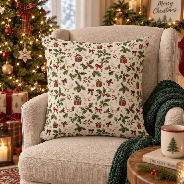Almofada Botânicos de Azevinho e Evergreens de Ganso de Nat (Christmas Goose Evergreens Holly Vintage Holiday throw pillow in both square and lumbar sizes)