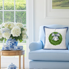 Almofada Boxwood Wreath with Blue Toile Bow