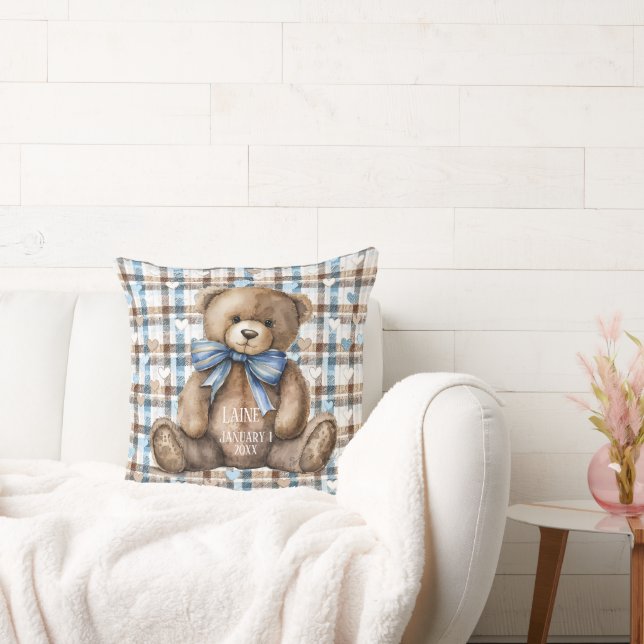 Almofada Boy Teddy Bear On Blue Brown Plaid  (Sofá)