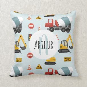 Almofada Boys Cute Blue Construction Transport & Name Kids