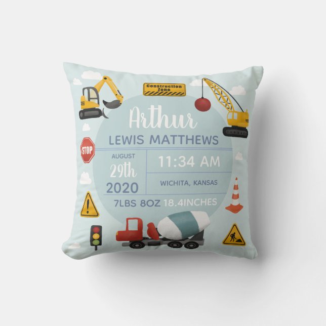 Almofada Boys Cute Construction Digger Baby Boy Birats (Frente)