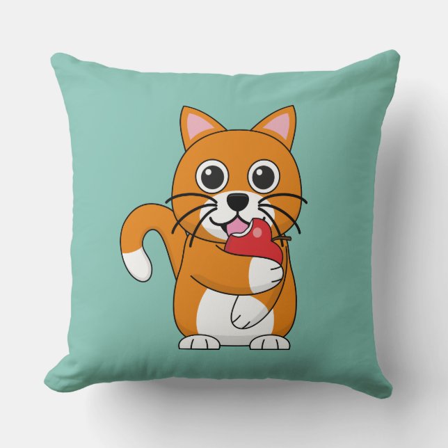 Almofada Branca De Gato Branco, Comendo Maçã Vermelha (Frente)