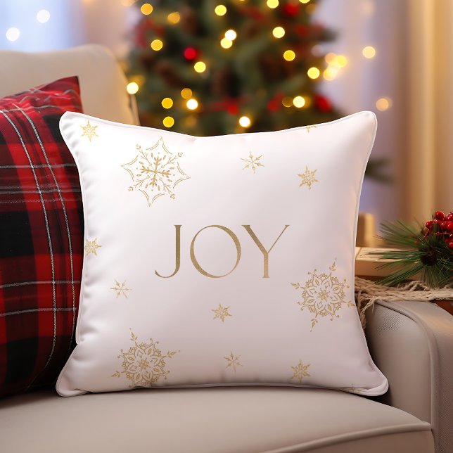 Almofada Branca e Dourada Alegria de Fenda de Neve (Gold and White Modern Snowflake Holiday Joy Throw Pillow)