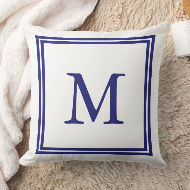Almofada Branco com Monograma de Moldura Dupla Azul Náutico (Cobertor)