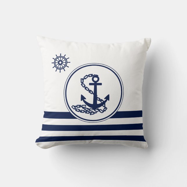 Almofada Branco e Azul Marítimo, Âncora e Roda do Navio (Frente)