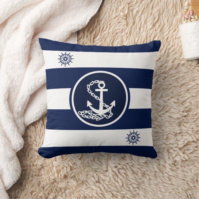 Almofada Branco e Azul Marítimo, Ancorar e Roda do Navio (Cobertor)