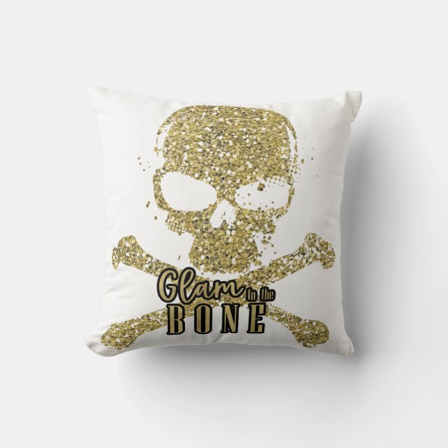 Almofada Branco Glam até os Ossos Caveira Brilho Dourado (Frente)