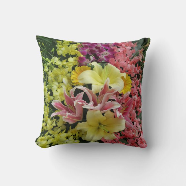 Almofada branco + rosa, verde + púrpura, flor + flor, (Frente)