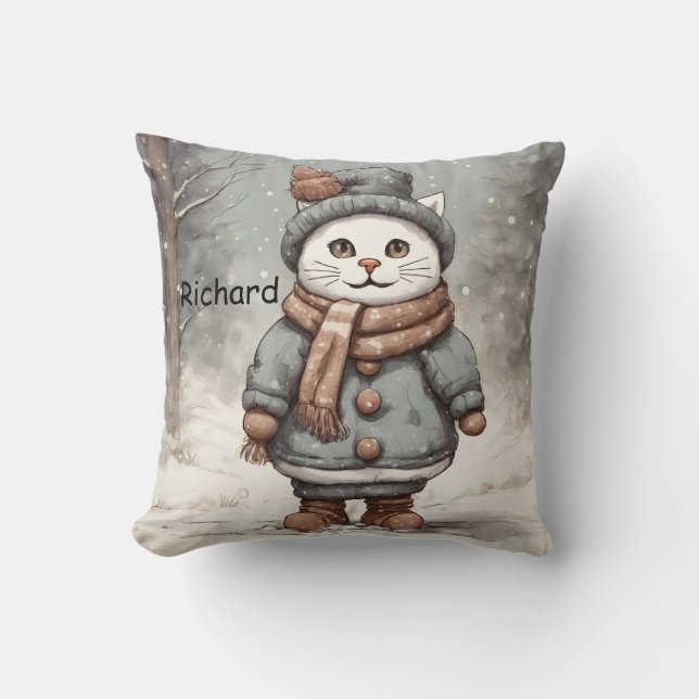 Almofada Bravo Natal Gato Snowman Watercolor Whimsical (Frente)