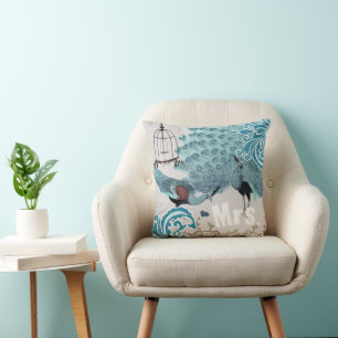 Almofada Bride Teal Damask Vintage Peacock Birdcage