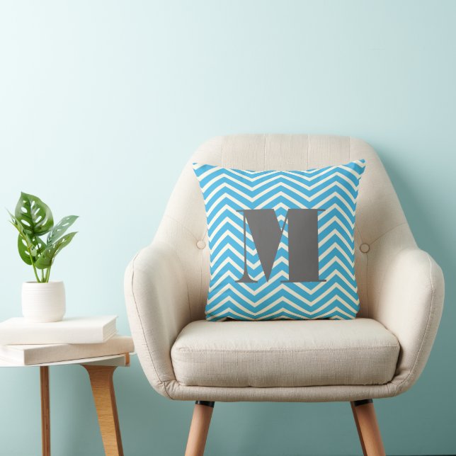 Almofada Bright Aqua Ivory e Monograma da Cinza Zig Zag (Cadeira)