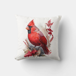 Almofada Bright Red Watercolor Pássaro Cardinal de inverno