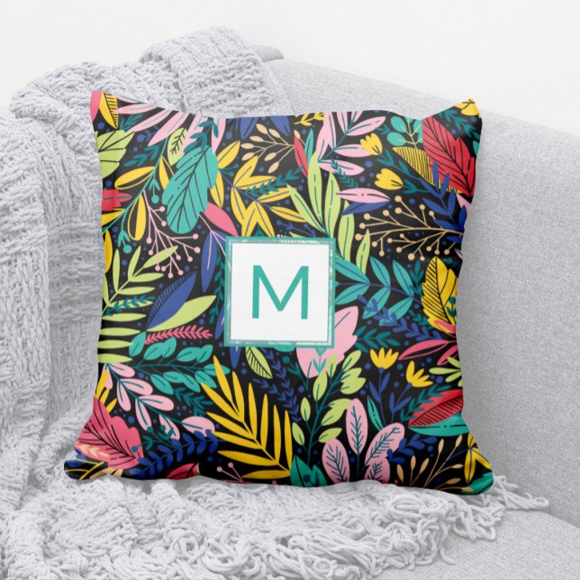 Almofada Bright Teal Monograma Moderno Deixa Arte de Linha (Modern Bright and Colorful Cheery Leaves Pattern Pillow with Teal Monogram)
