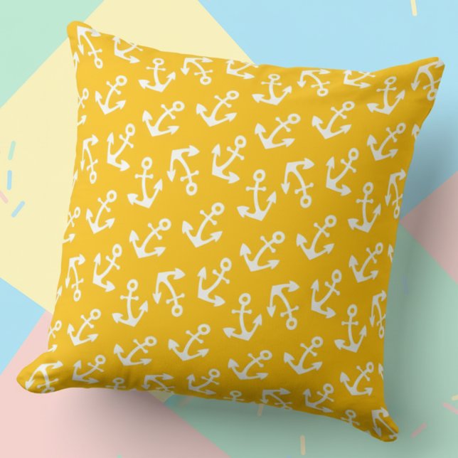 Almofada Bright Yellow and White Anchors Nautical Cotton (Bright yellow and white anchor pillow.)