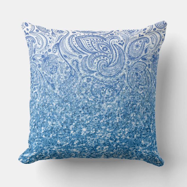 Almofada Brilhante Azul-Brilhante e Vintage paisley Ombre (Frente)
