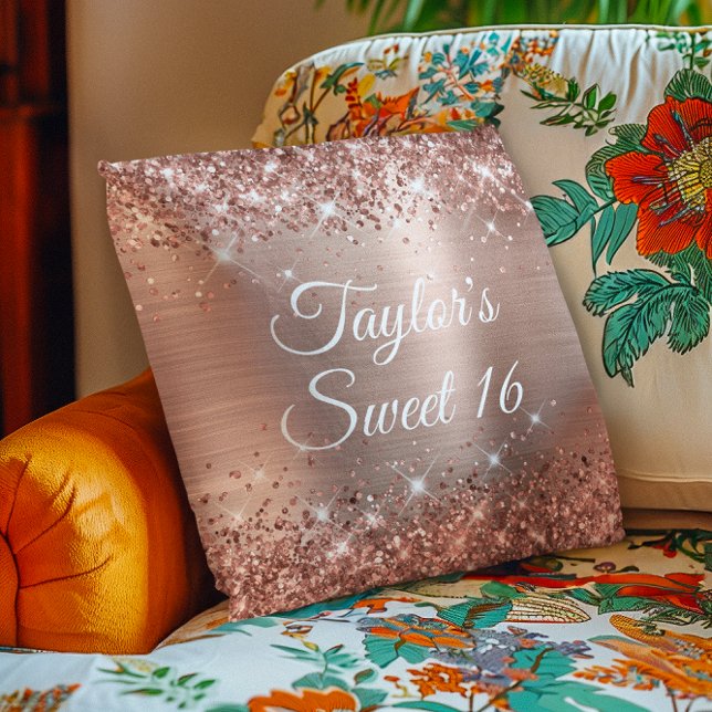 Almofada Brilhante Rose Dourado Glamouroso Doce 16 (Sparkly Glittery Rose Gold Foil Glam Sweet 16 Throw Pillow)